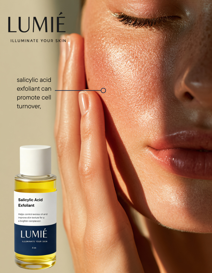 LUMié salicylic acid exfoliant bottle with close-up of skin and text on a beige background